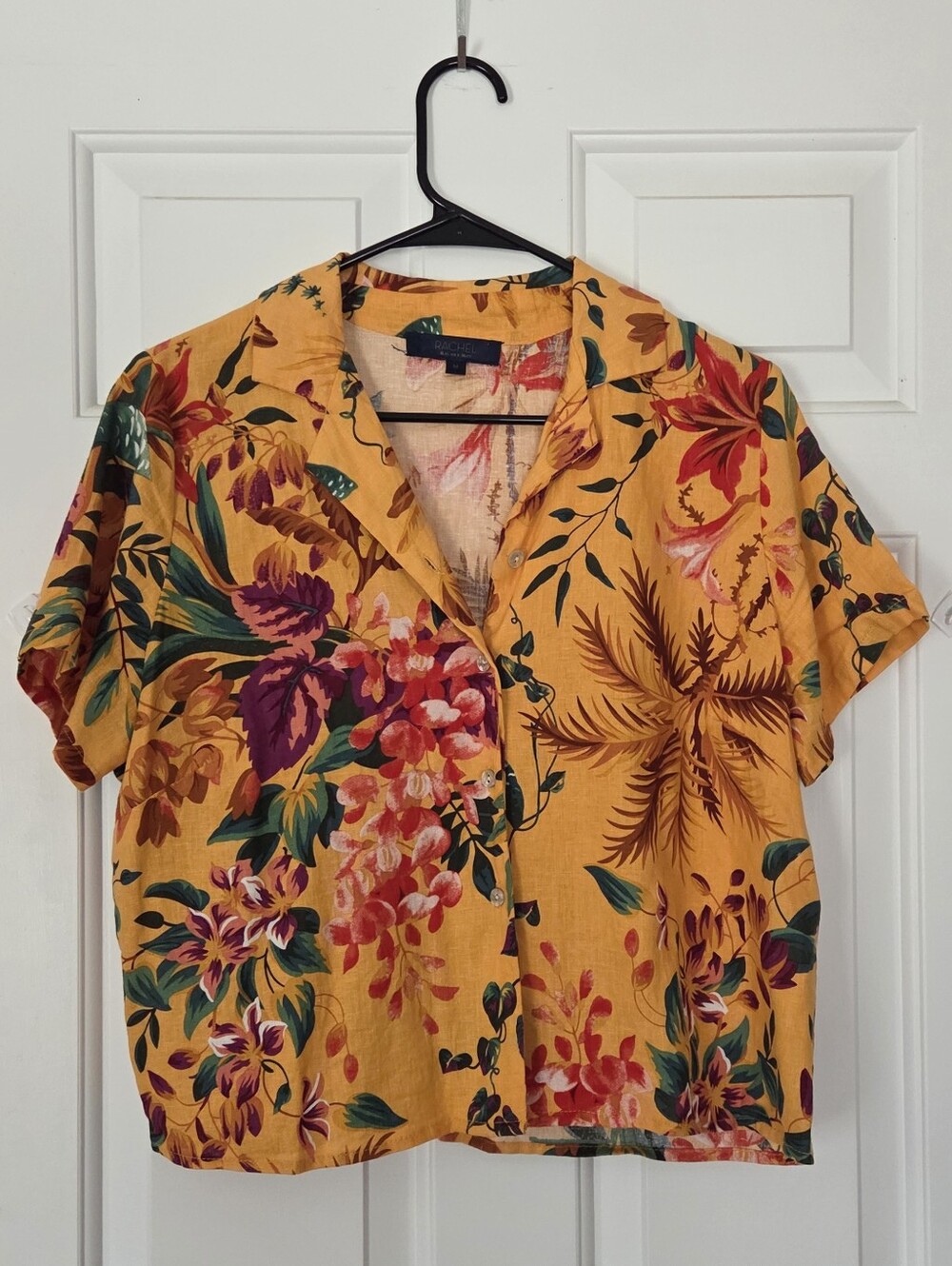Rachel Roy Yellow Linen Blend Cropped Hawaiian Button Front T shirt